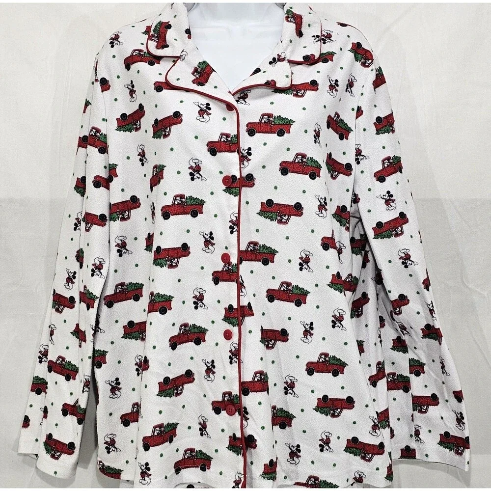 Disney Mickey Mouse Flannel Pajamas 2 Piece Red Truck Christmas Tree Womens XL